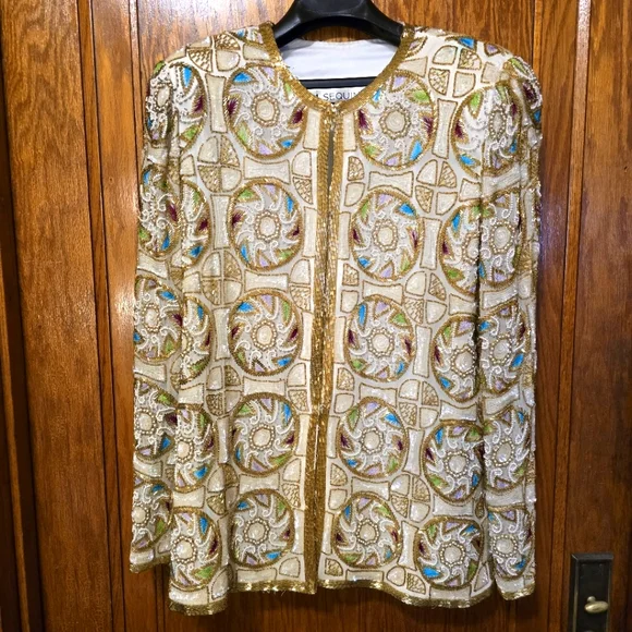 SEQUIN ORIGINAL Vintage Hand Beaded Silk Jacket Shoulder Pads Bead Work LARGE - Picture 3 of 17